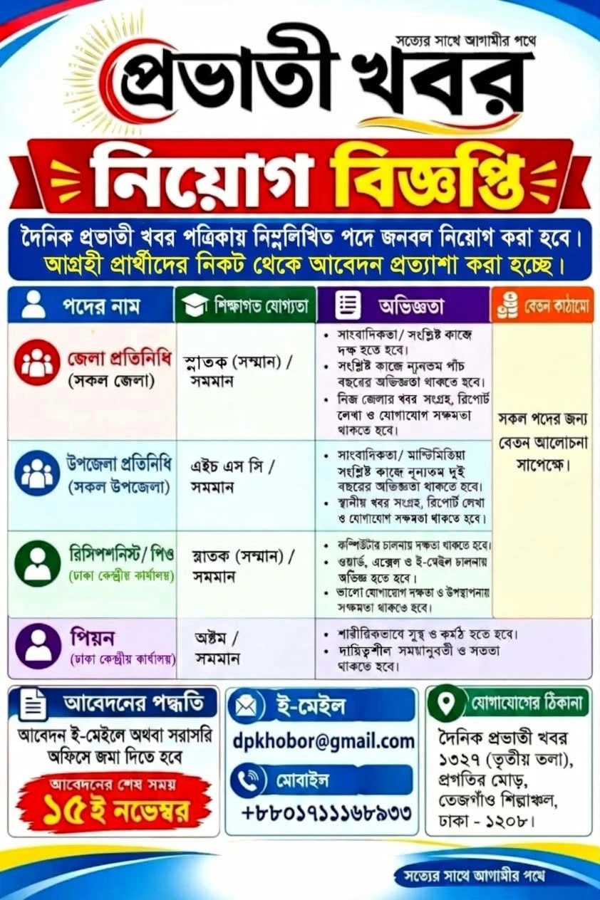 দৈনিক প্রভাতী খবর পত্রিকার জন্য নিয়োগ বিজ্ঞপ্তি প্রকাশ